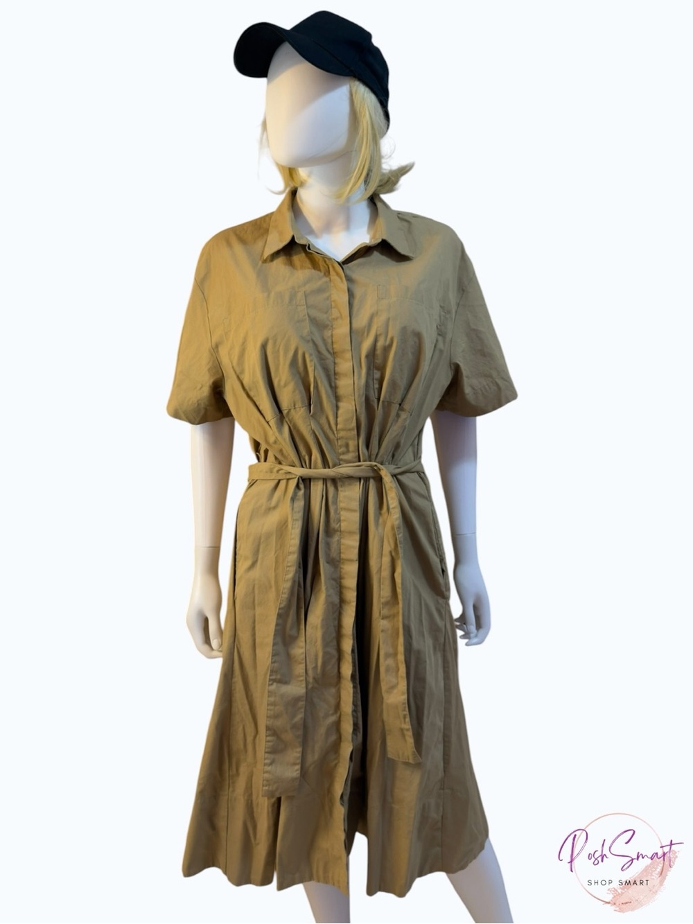 Banana Republic Petite Cotton Belted Shirt Dress Khaki Tan | Size L Petite